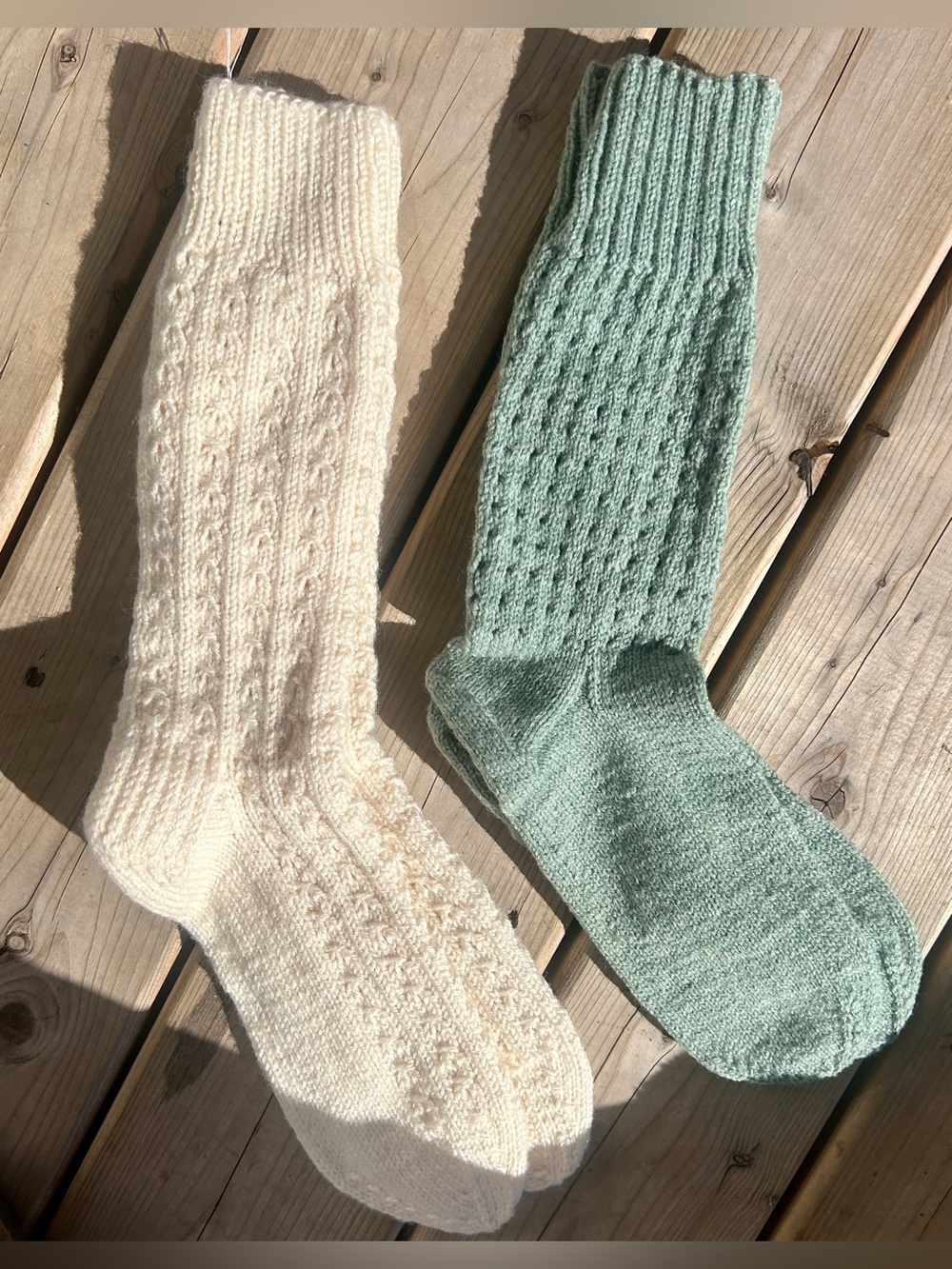 NEW Hand Knit Wool Socks in Cream and Green *2 Pairs* • Handmade